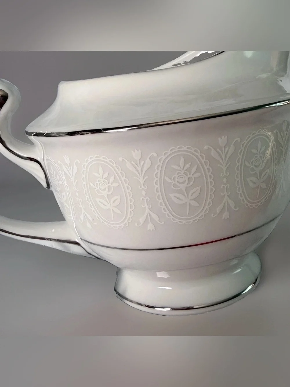 Vintage Creamer Sone China Japan Moderne 2467 Platinum Trim White Floral Scroll